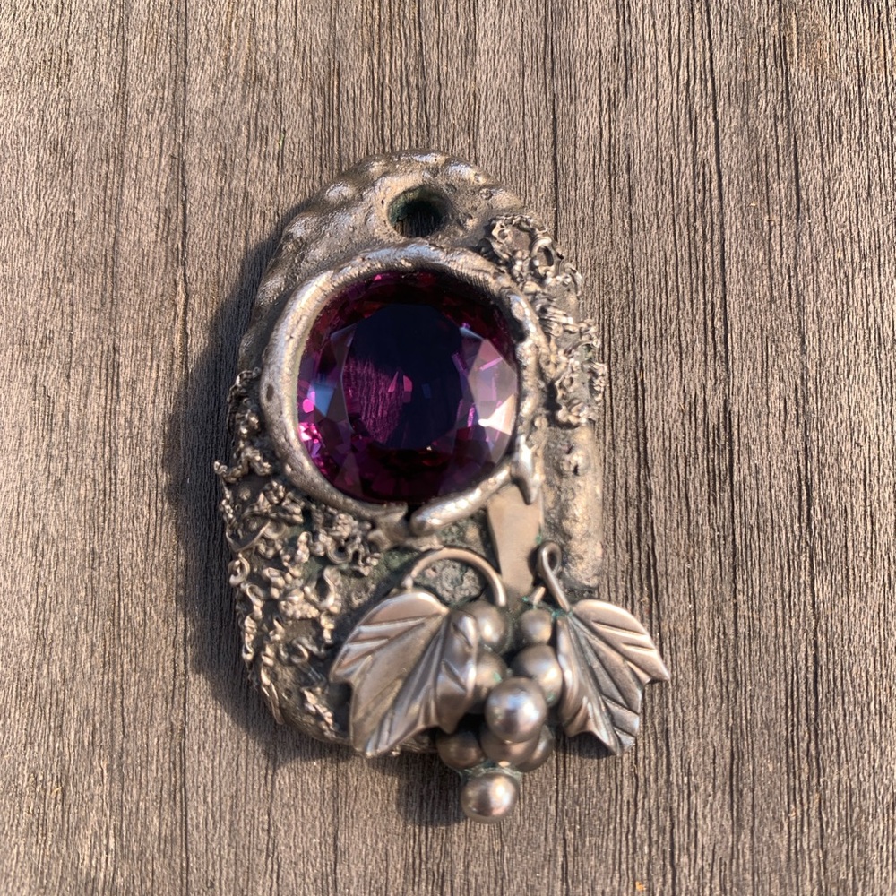 Vintage PMC Silver Pendant with Purple color changing Lab huge Alexandrite